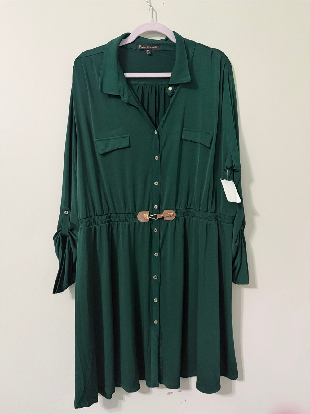 Emerald Green Button-Front Shirt Dress